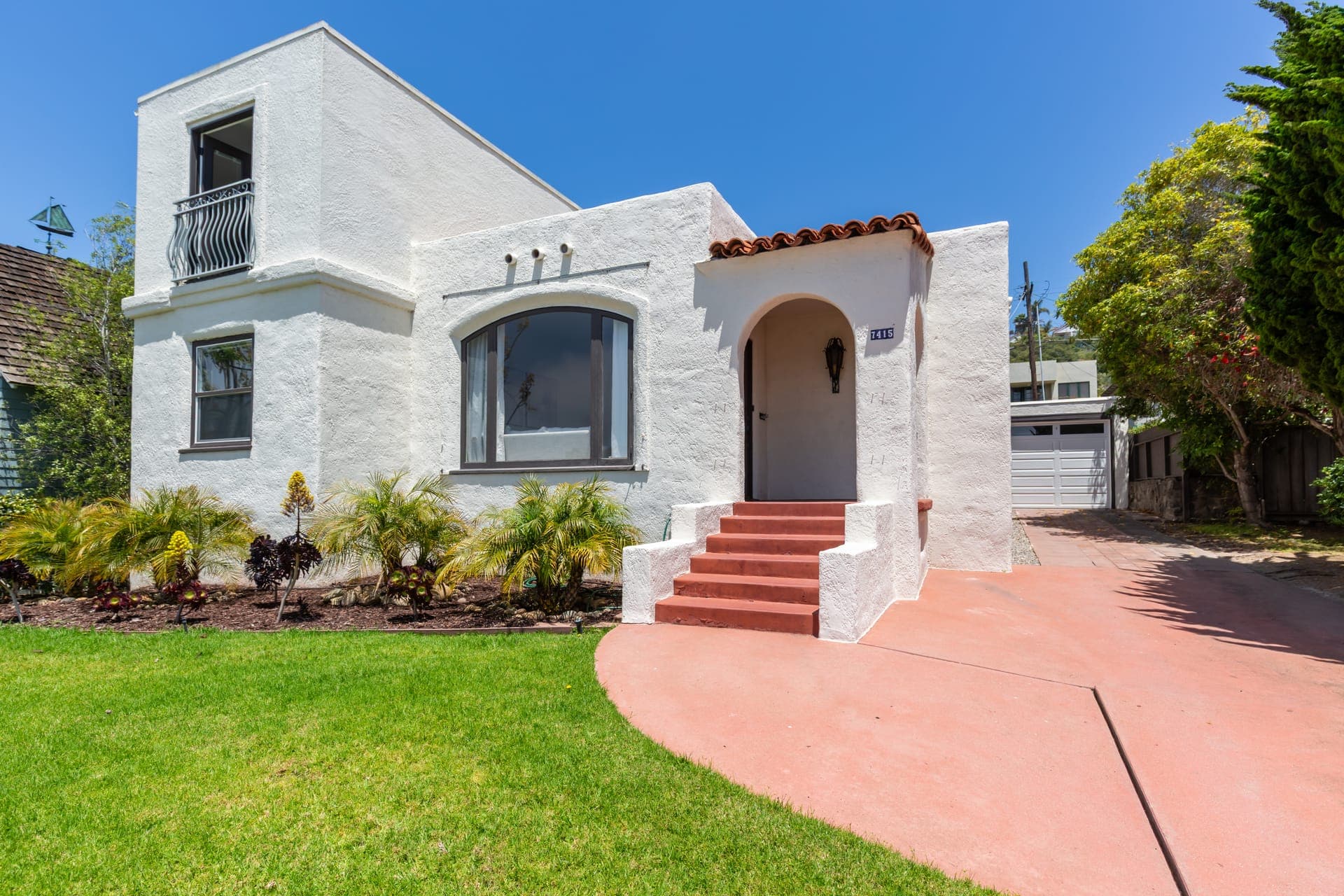 Front exterior of the La Jolla Village Spanish-style villa